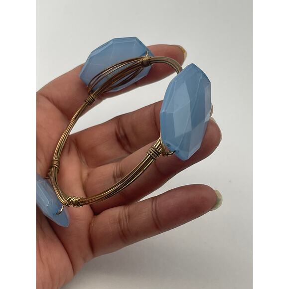 Vintage Blue Faux Stone Wrapped Wire Bangle Bracelet B18 - Picture 5 of 12